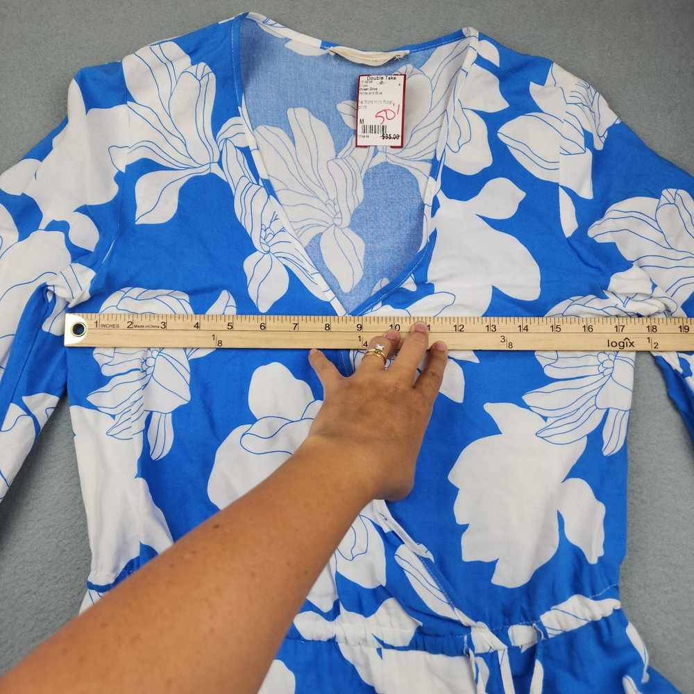 Ocean Drive Dress Womens Medium Blue Floral Wrap V Neck 3/4 Sleeve Ruffle Mini - Picture 5 of 10